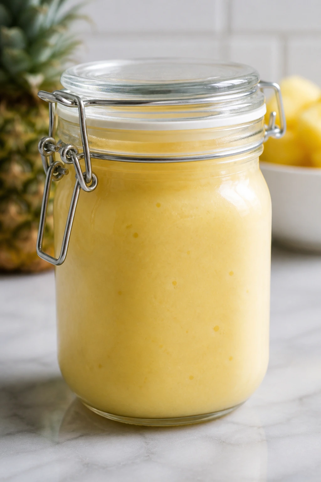 Airtight jar filled with pineapple smoothie ready for storage.