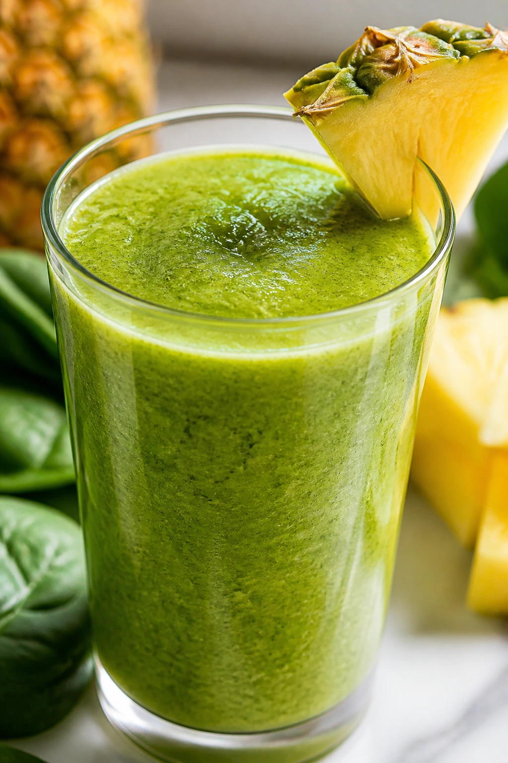 Green-gold pineapple spinach smoothie in a glass with pineapple garnish on a sunny counter