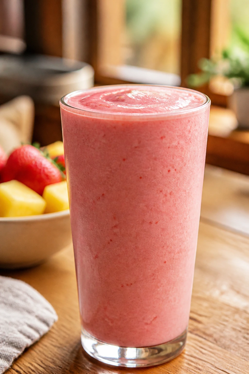 Pink Pineapple Strawberry Yogurt smoothie in a tall glass