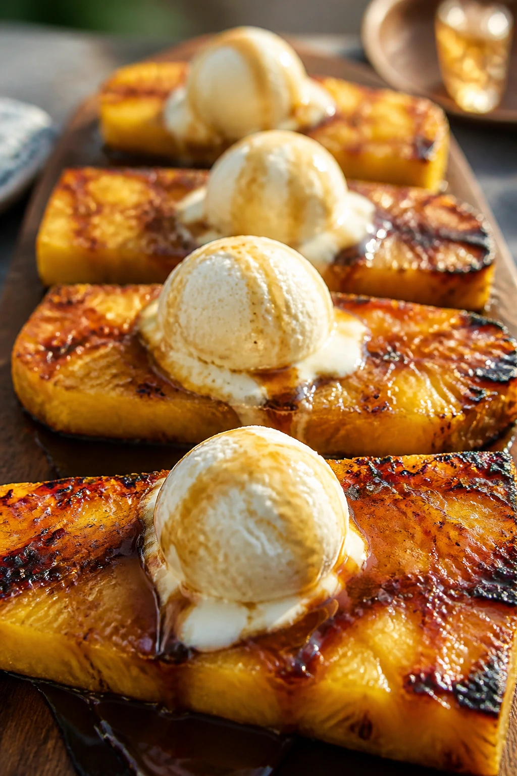 Grilled pineapple sundae boats with ice cream outdoors