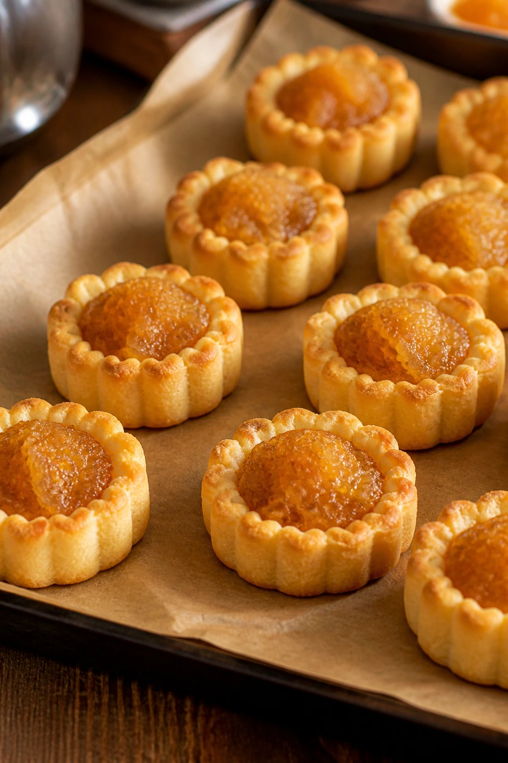 Close-up of pineapple tarts with jam filling on parchment