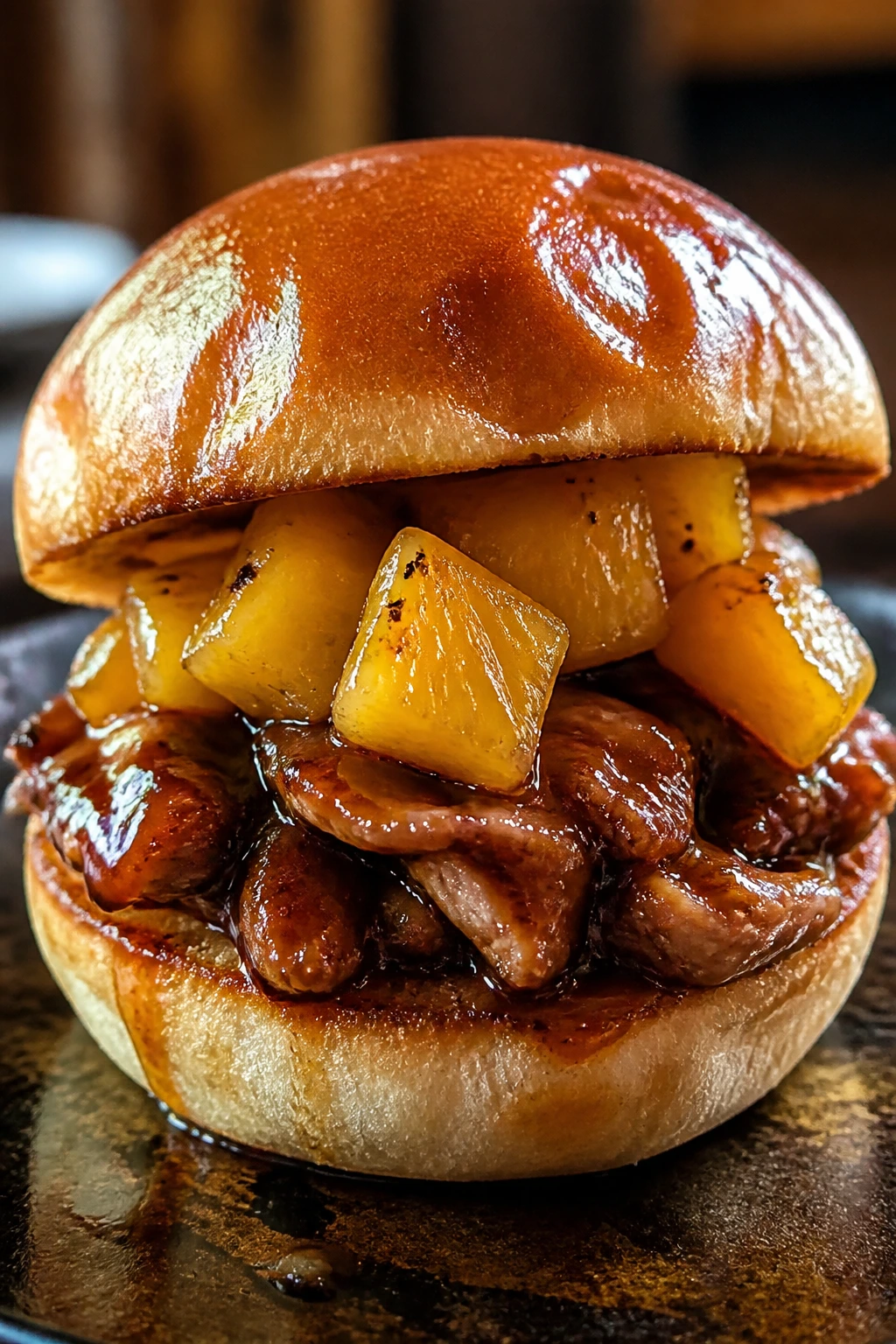 Pineapple teriyaki pork slider with glaze and pineapple