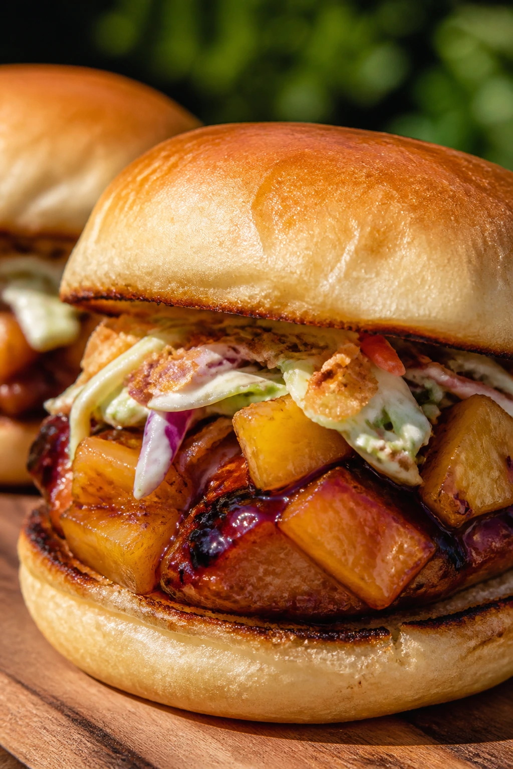 Close-up of pineapple crunch teriyaki chicken slider with pineapple chunks
