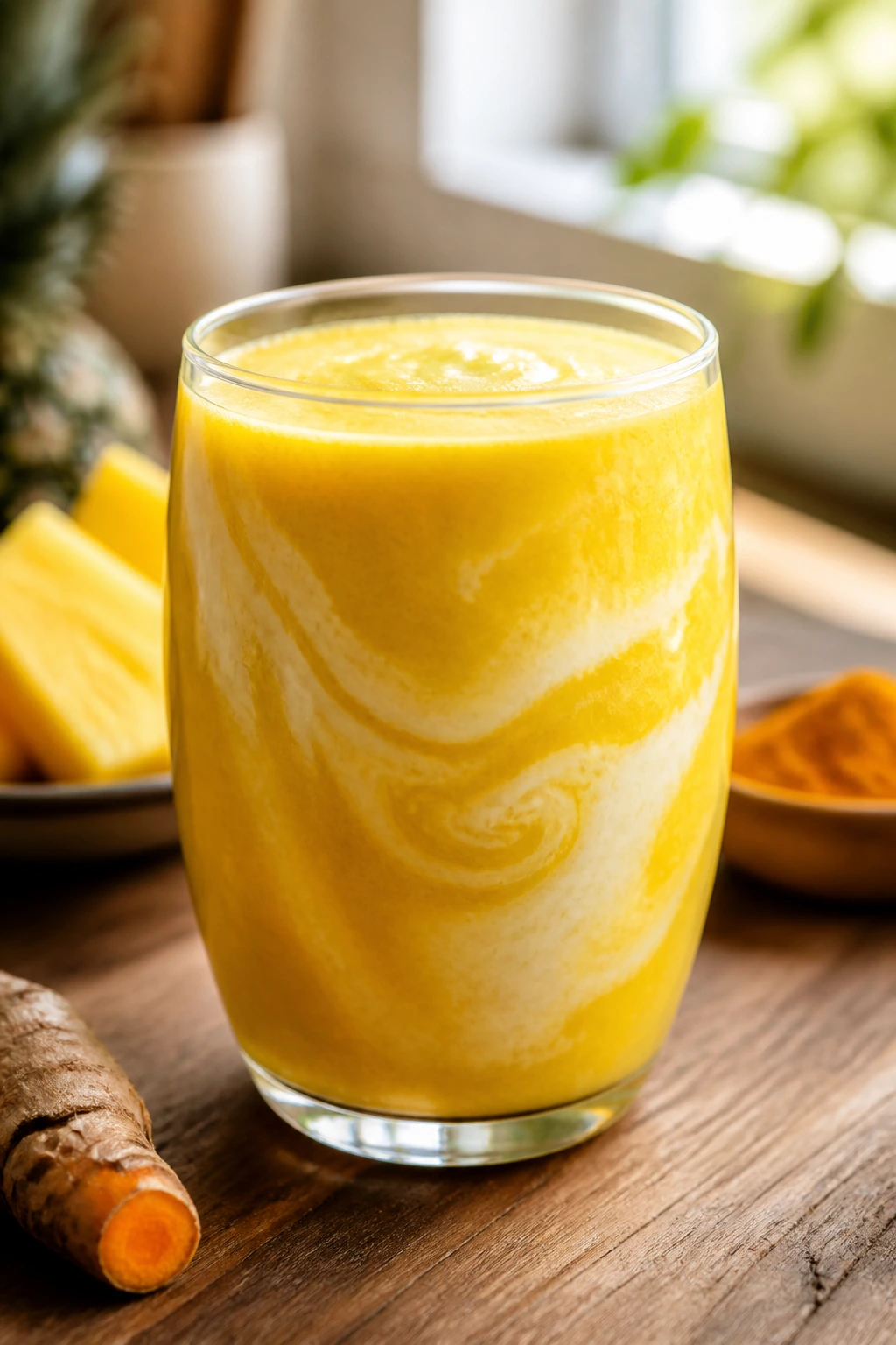Pineapple Turmeric Gold smoothie in glass with coconut milk swirl