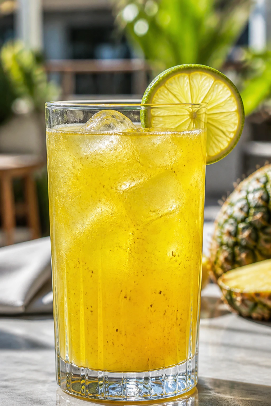 Close-up of Pineapple Turmeric Tonic in a glass with lime wheel