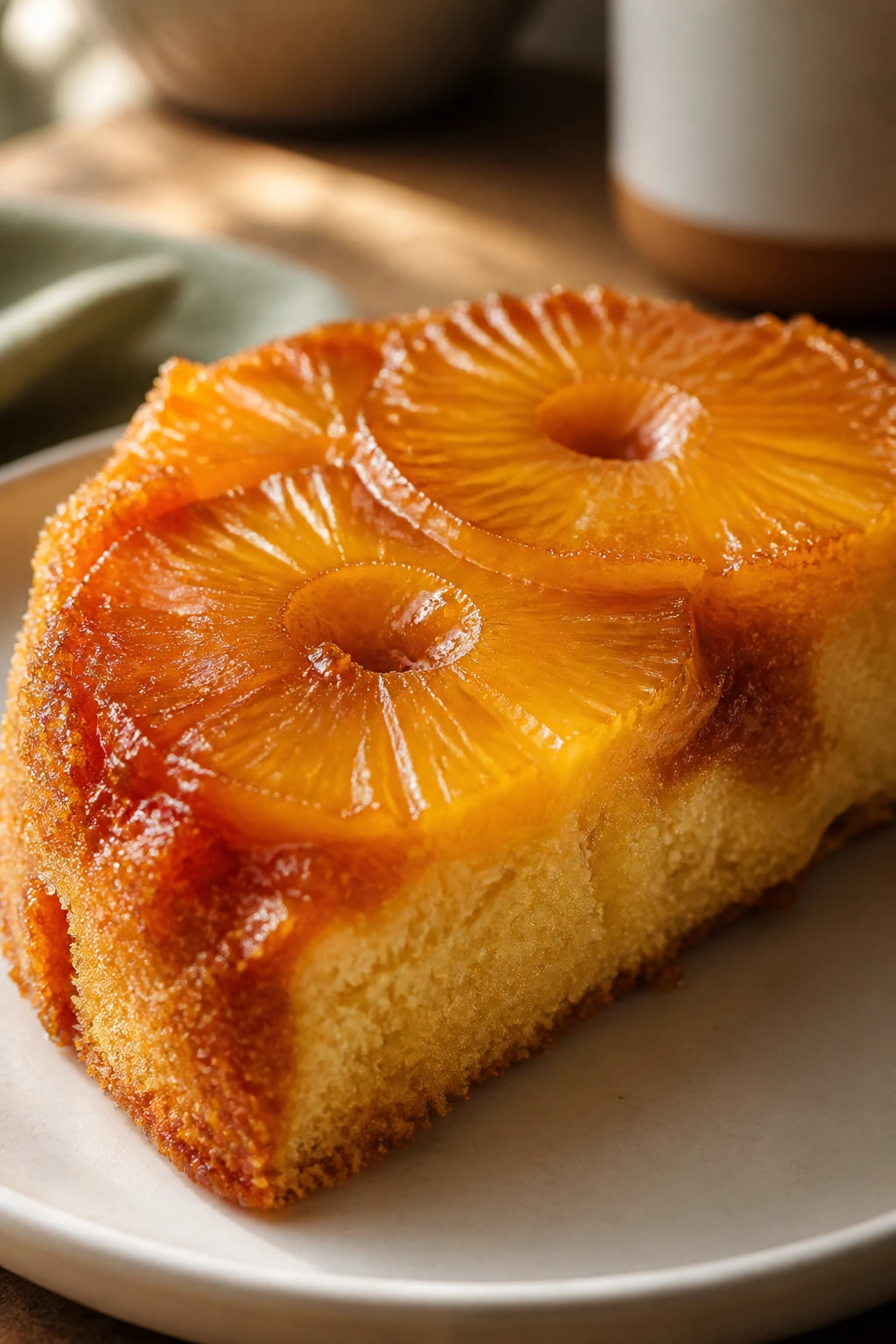 Close-up slice of pineapple upside-down cake with caramelized pineapple