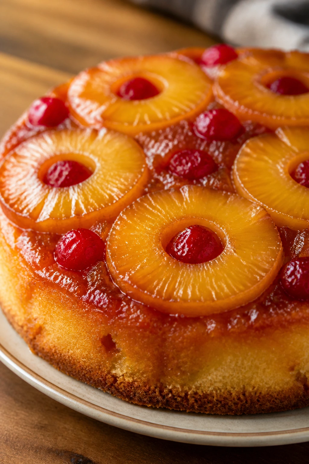 Top view of pineapple upside-down cake with pineapple rings and cherries