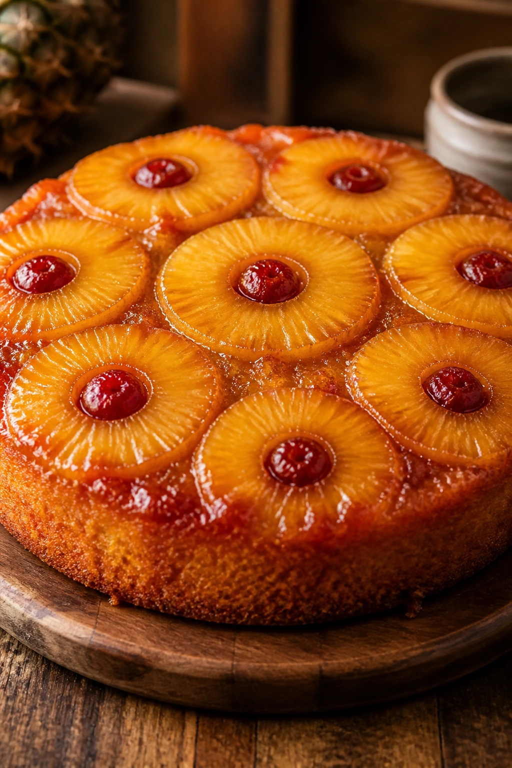 Pineapple upside-down cake with pineapple rings and caramel glaze on a wooden table