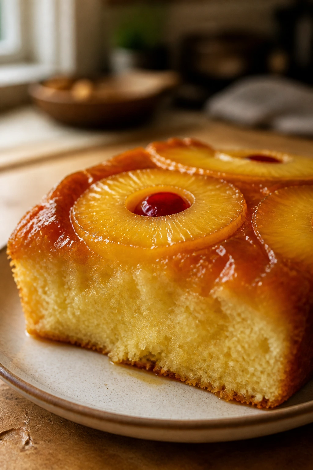 Pineapple upside-down cake slice with pineapples and caramel