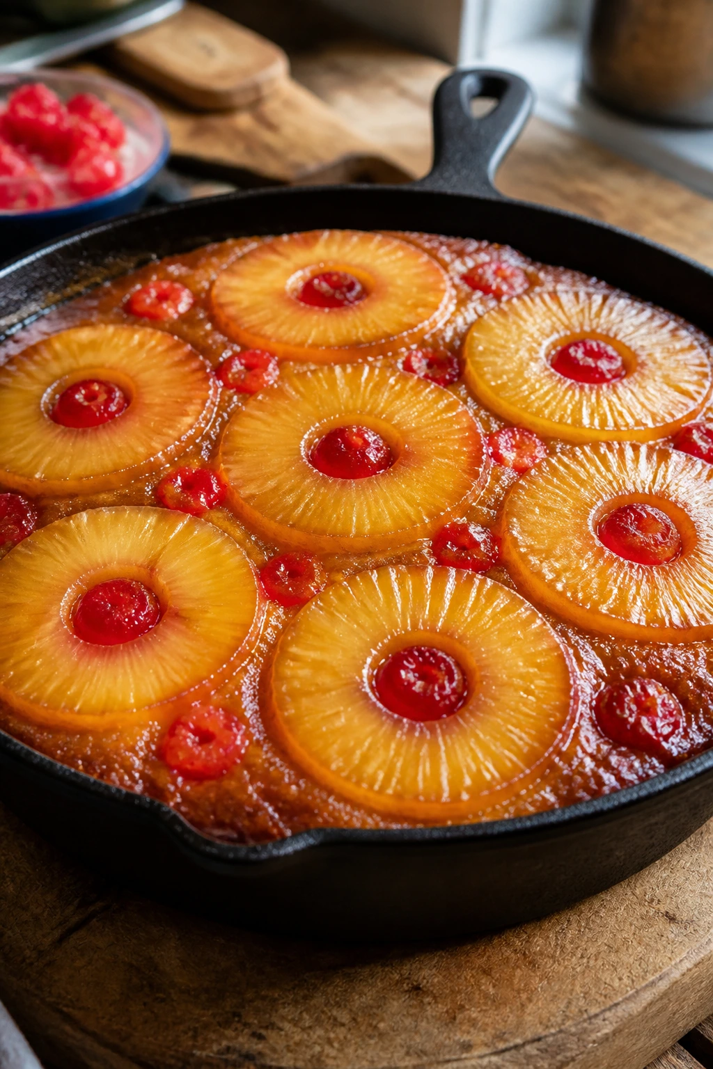 Close-up of pineapple upside-down cake in a cast-iron skillet with caramel glaze and fruit topping.
