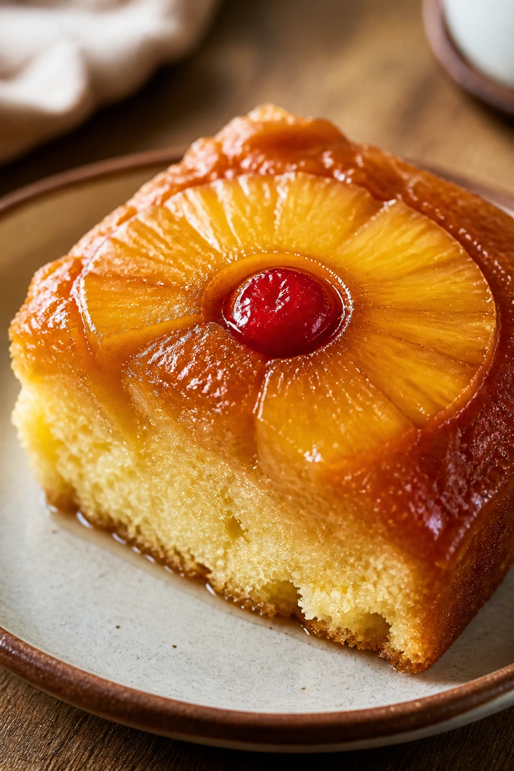 Close-up of Crockpot Pineapple Upside-Down Cake on rustic plate with pineapple topping