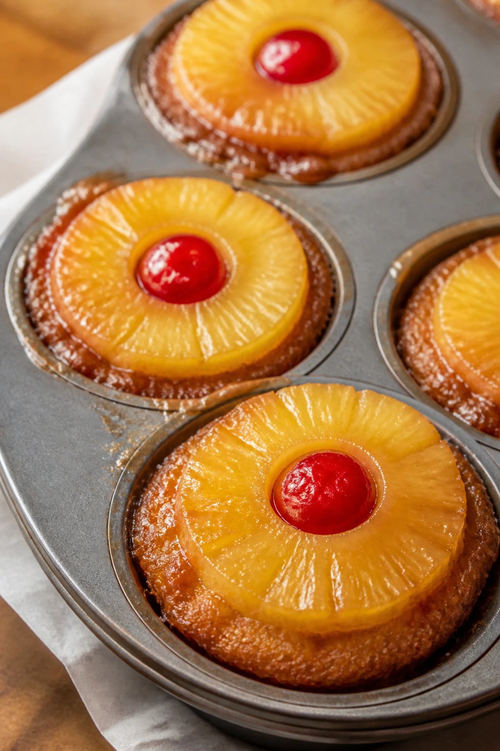 Close-up of Pineapple Upside-Down Cupcakes in muffin tin.
