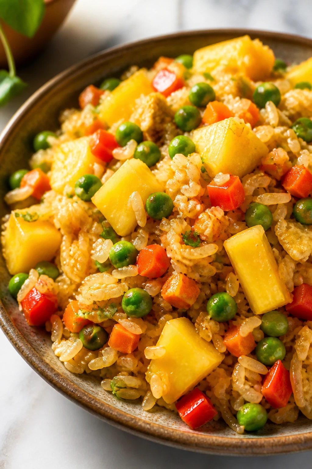 Close-up of pineapple veggie fried rice with pineapple chunks on a plate