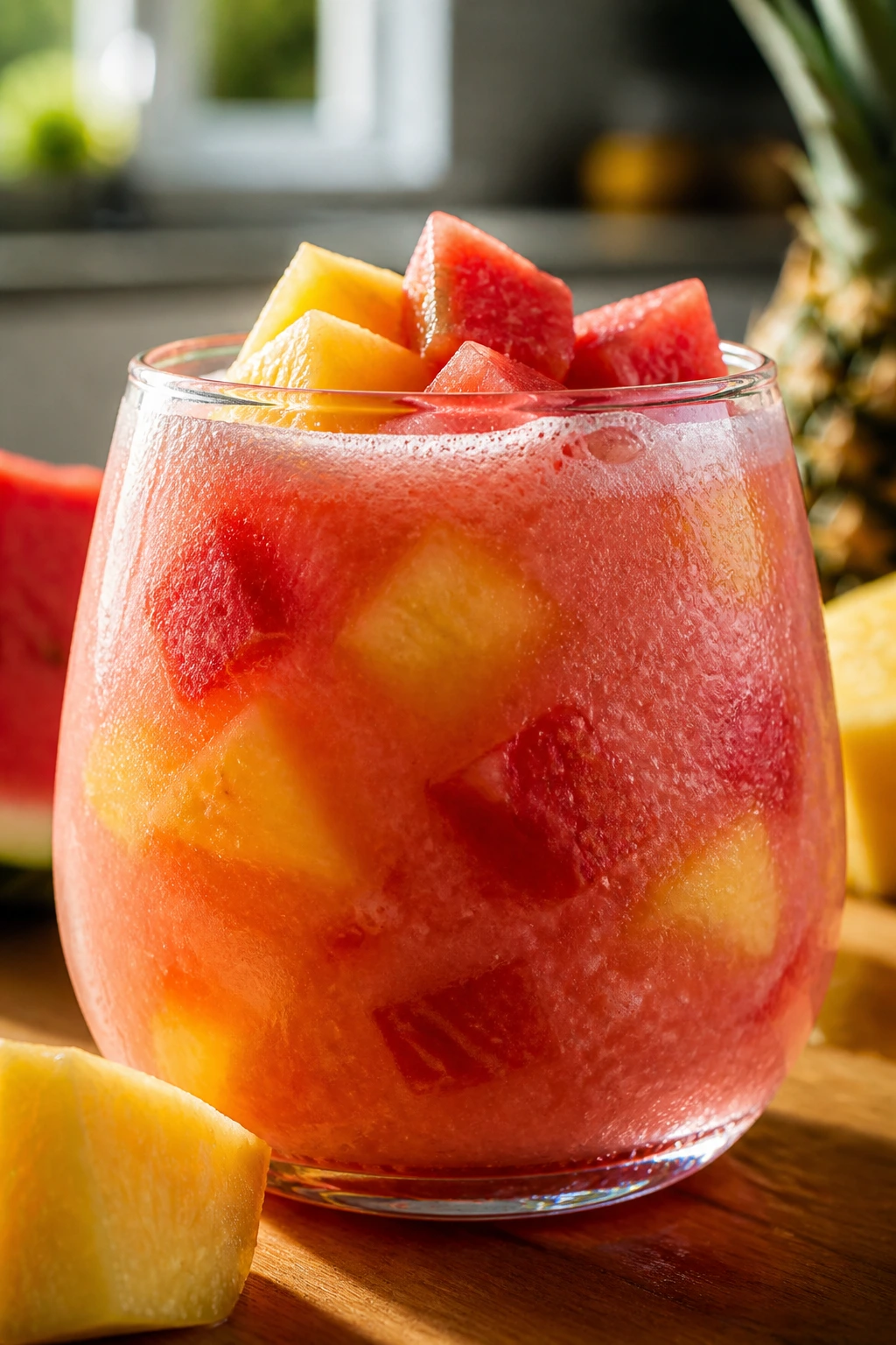 Close-up of a pineapple-watermelon smoothie in a glass with visible fruit chunks