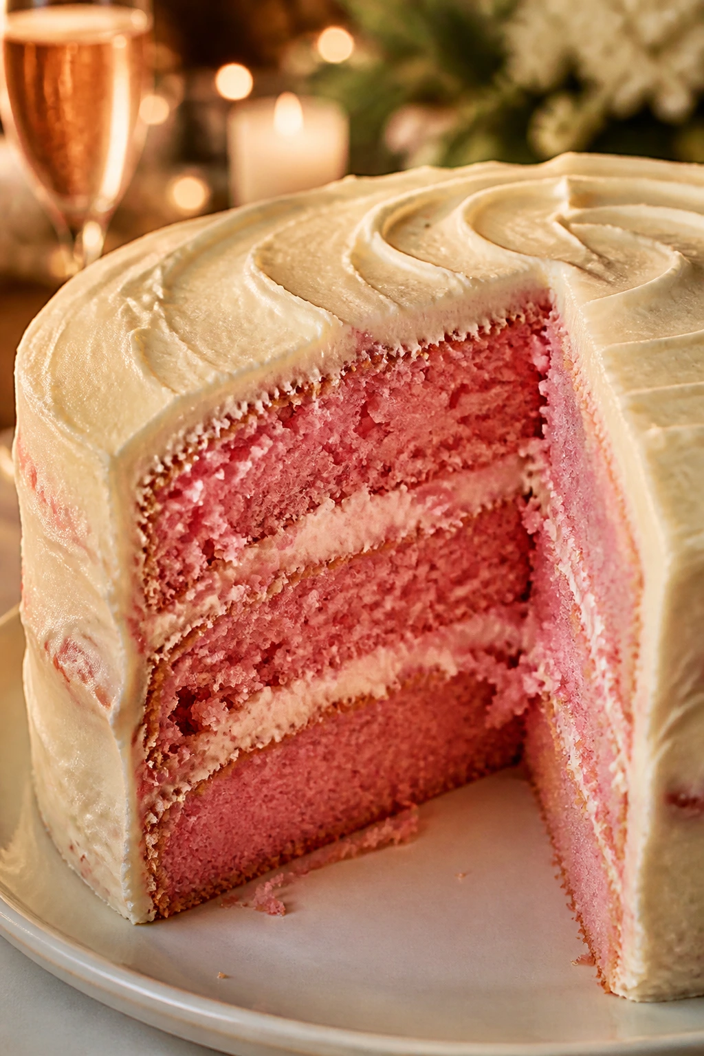 Close-up of pink champagne cake with cream cheese frosting on plate