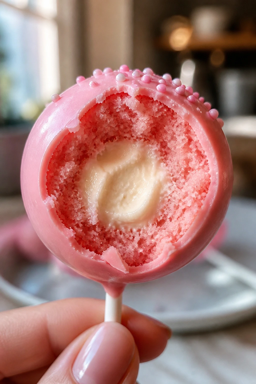 Close-up of a glossy pink cake pop held in a warm kitchen