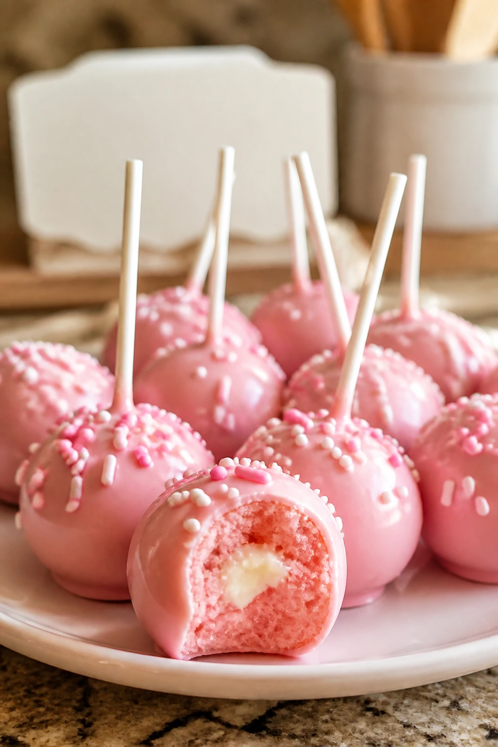 Pink cake pops with cream cheese frosting on a plate with a blurred recipe card in the background
