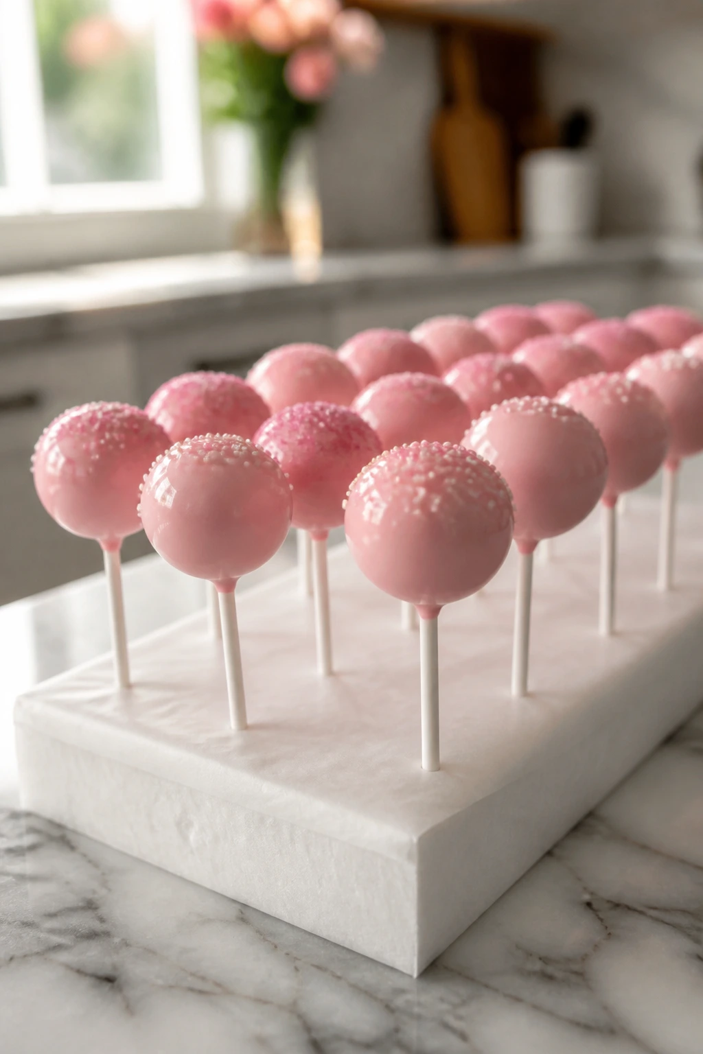 Close-up of pink cake pops upright in a parchment-lined foam block for elegant plating.