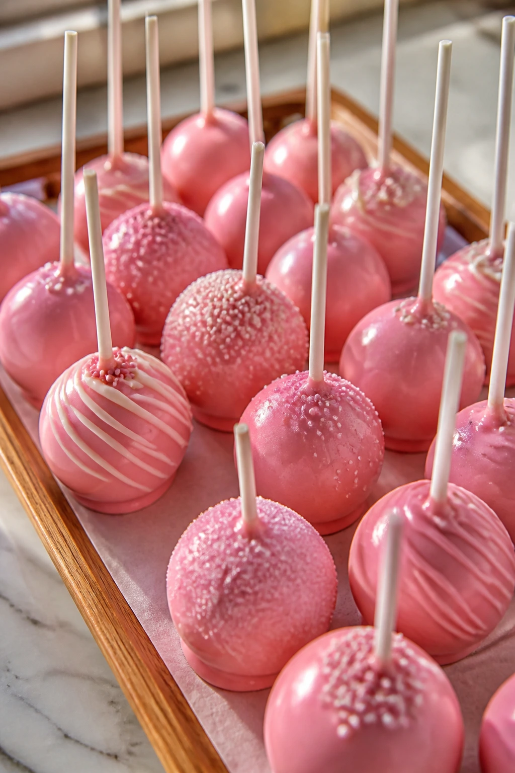 Close-up of pink cake pops on a wooden tray