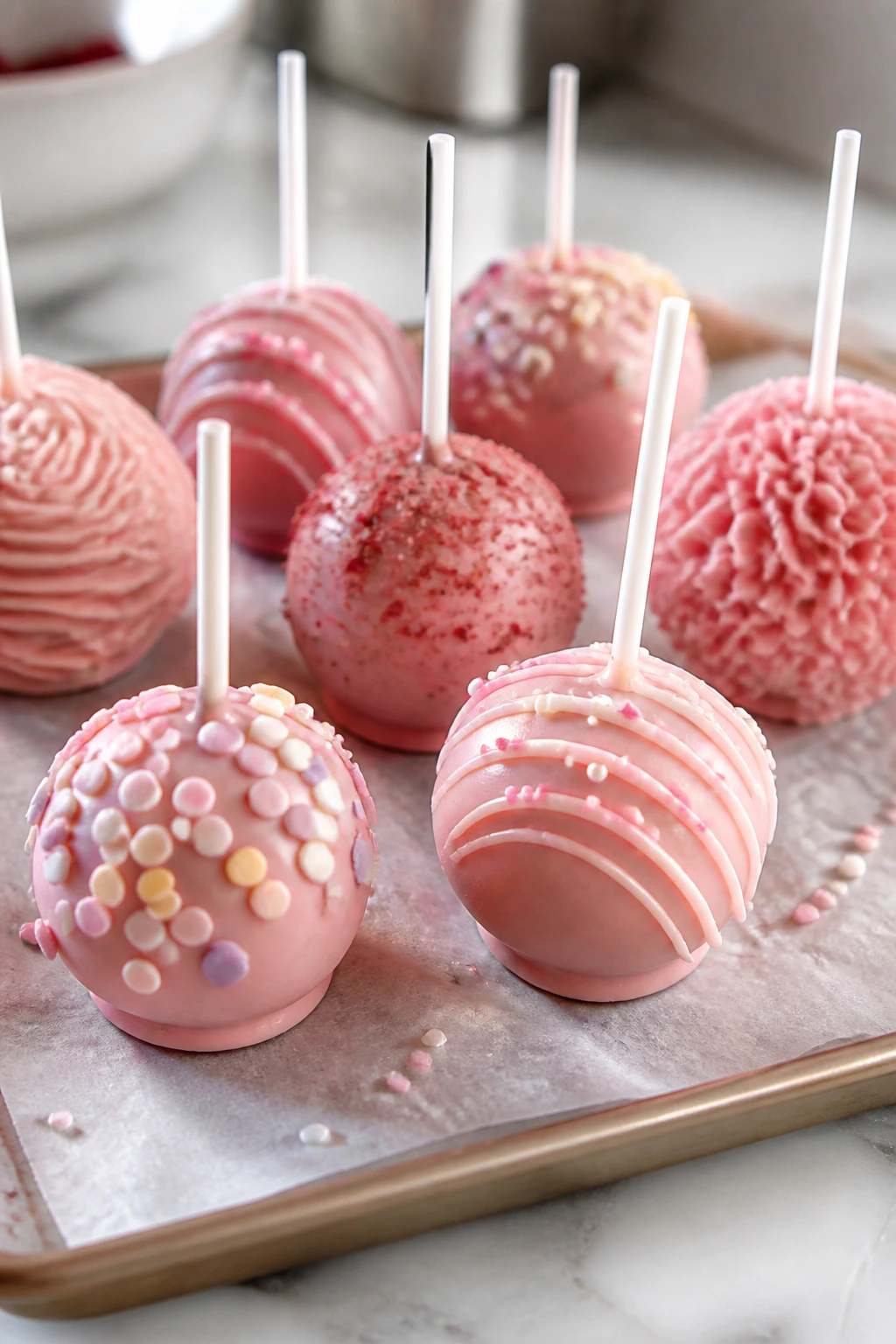 Cluster of pink cake pops with varied decorations showcasing variations.