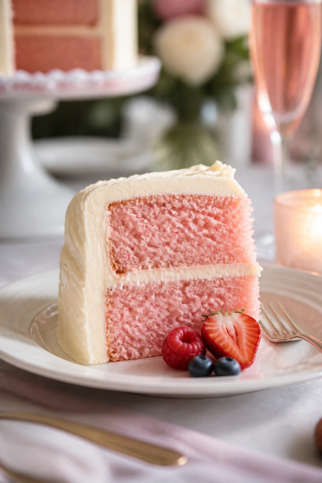 Plated pink champagne cake slice with berries on a plate
