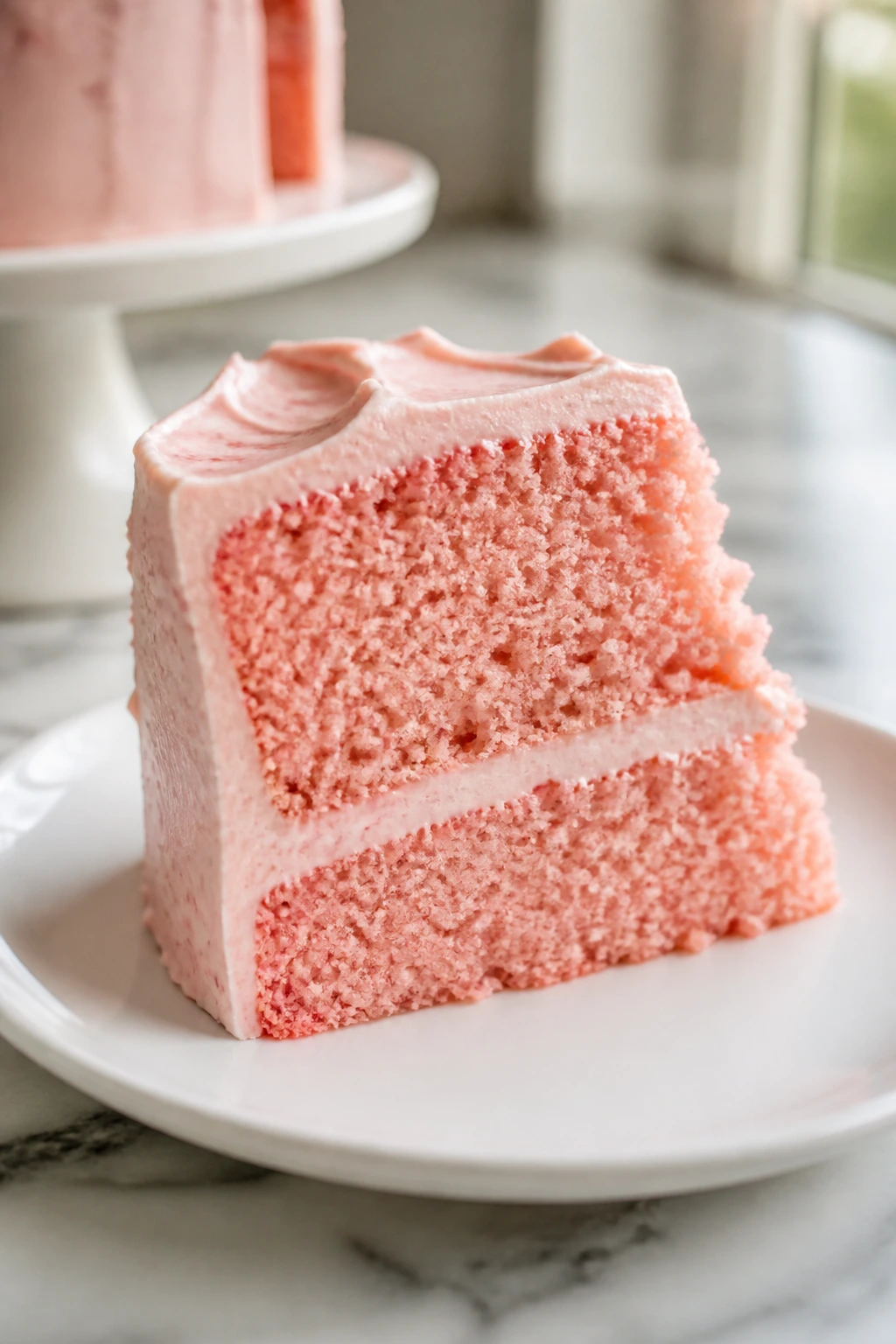 Close-up of pink champagne cake slice with cream cheese frosting on a marble surface