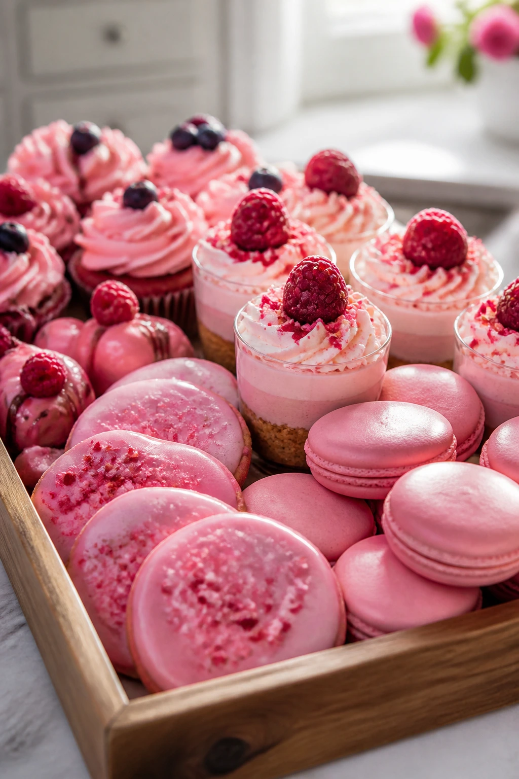 All-Pink Dessert Tray with pink-toned strawberry cookies and macarons on a bright table