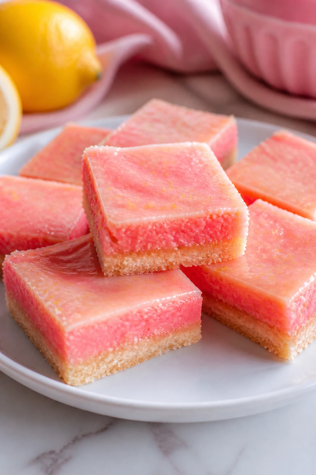 Pink lemonade bars on a white plate with bright pink hue