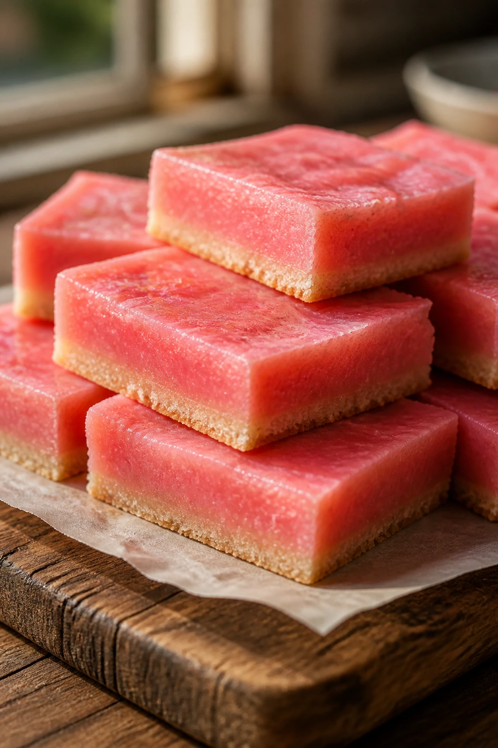Close-up of glossy pink lemonade bars on parchment in a rustic kitchen