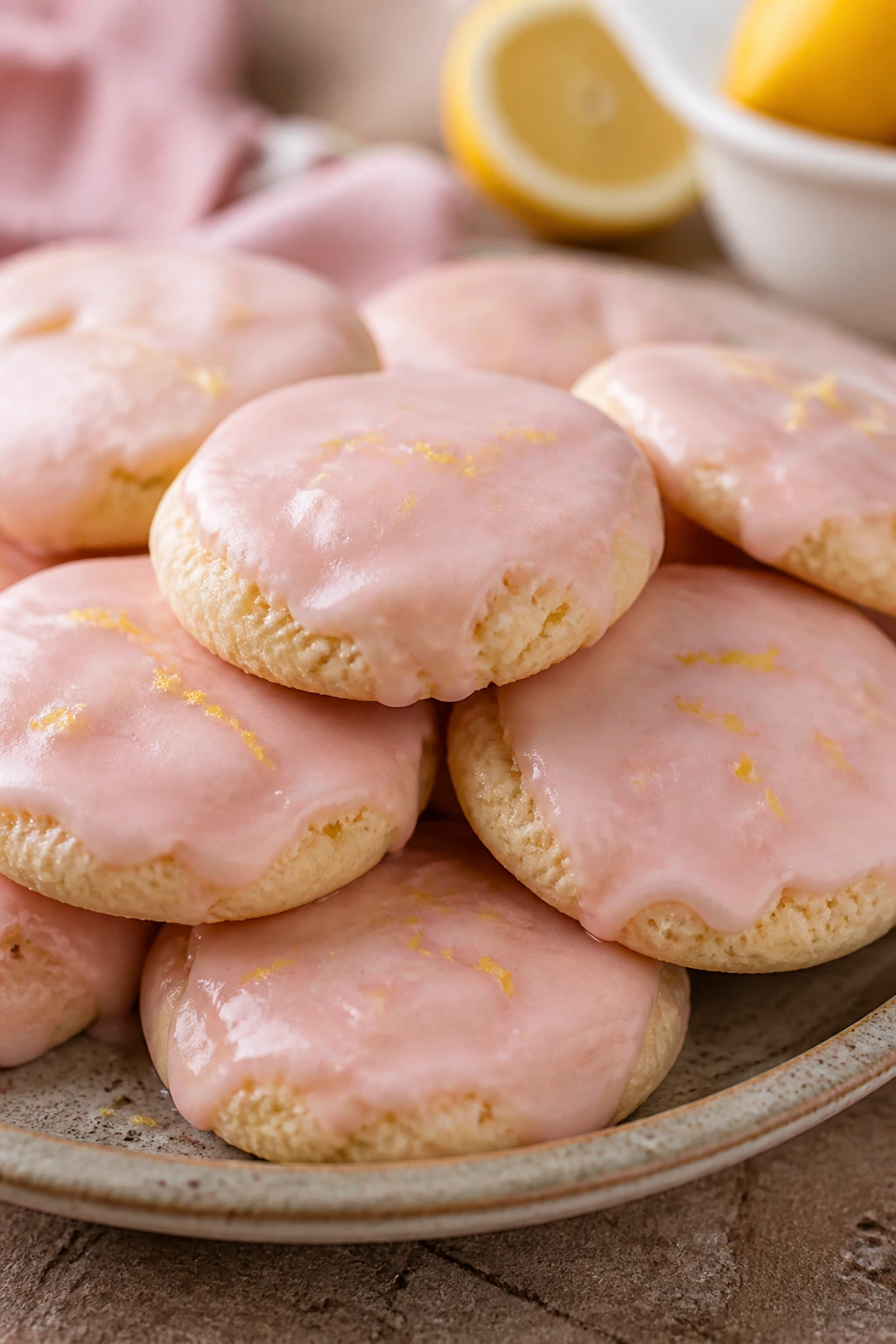 Pink lemonade cookies with pale pink glaze on a plate