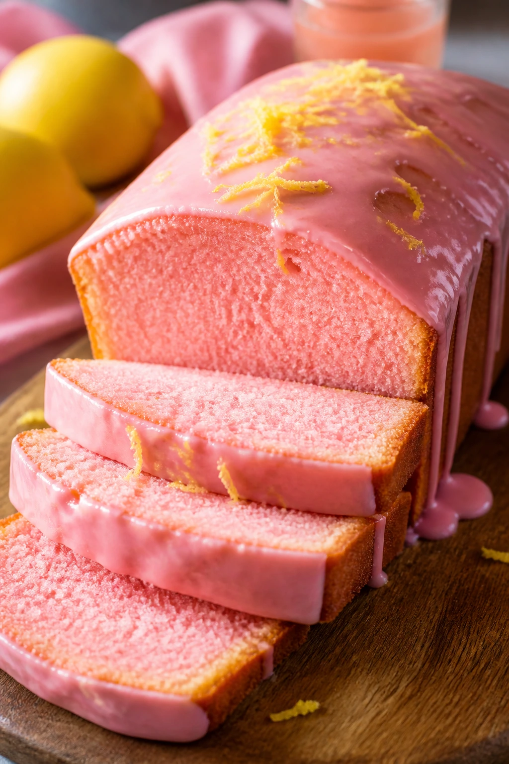 Pink lemonade pound cake slice with pink glaze