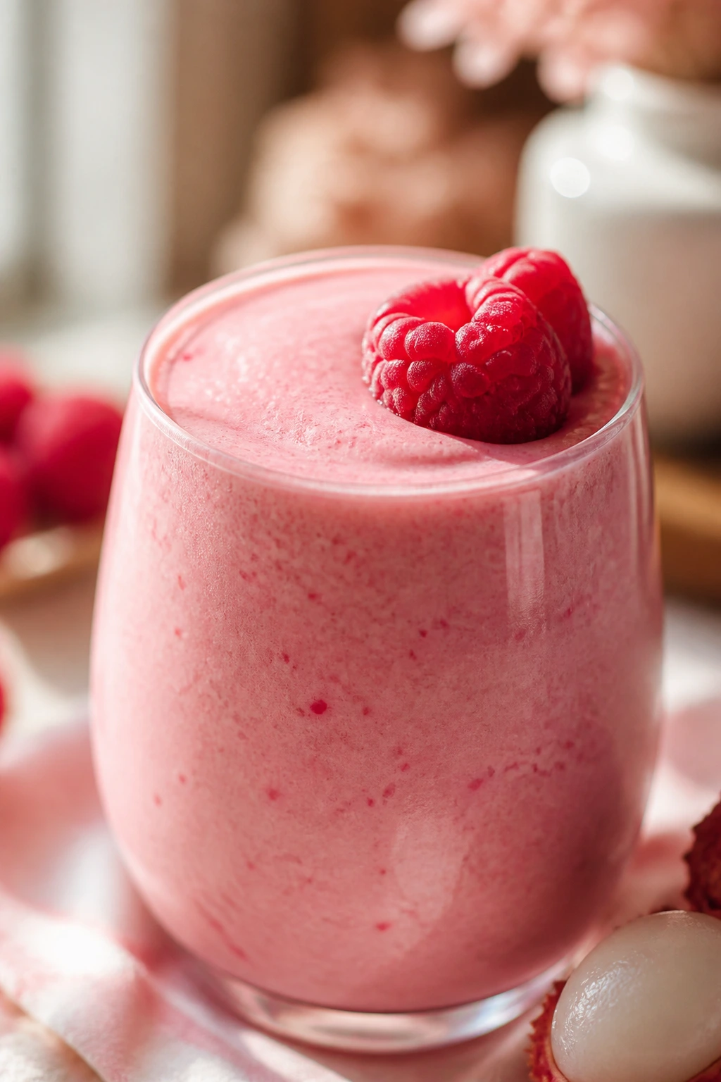 Close-up of pale pink Lychee Raspberry Rose Smoothie in a small glass with raspberries on a warm window-lit background