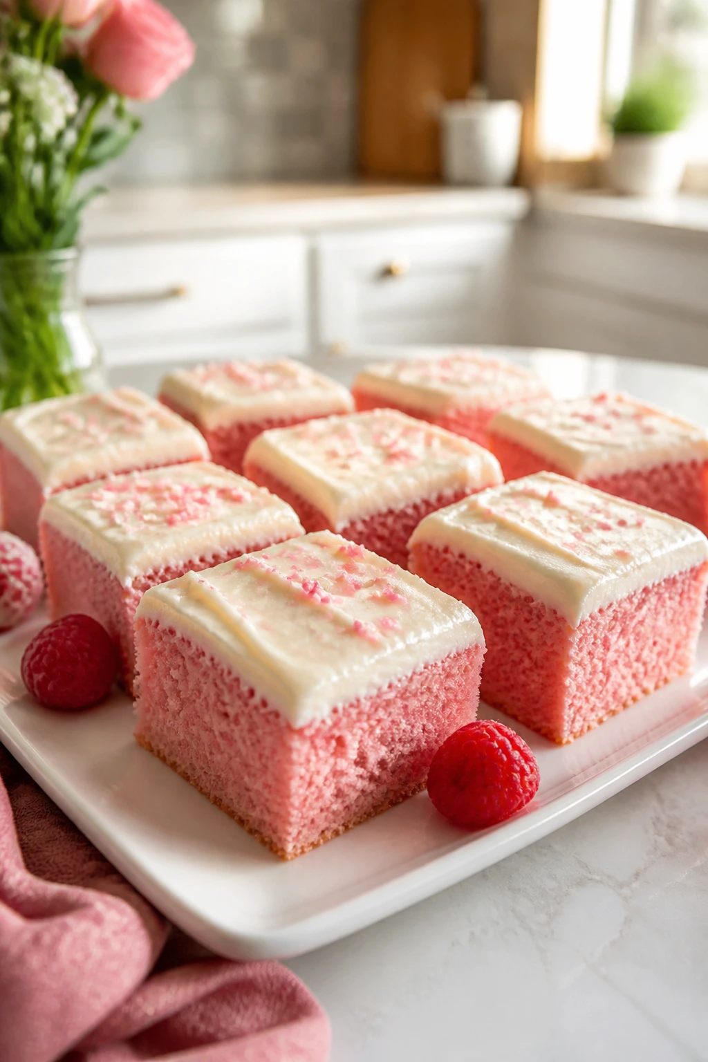 Close up of pink velvet sheet cake squares with cream cheese frosting on a white platter