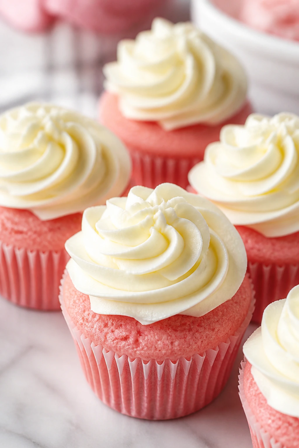 Close-up of pink velvet cupcakes with cream cheese frosting on a light plate