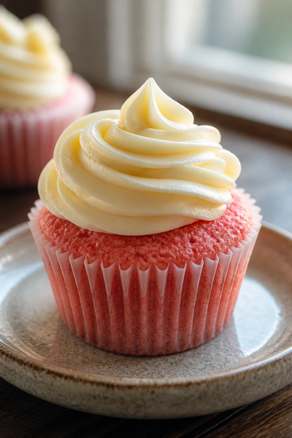 Close-up of pink velvet cupcake with cream cheese swirl