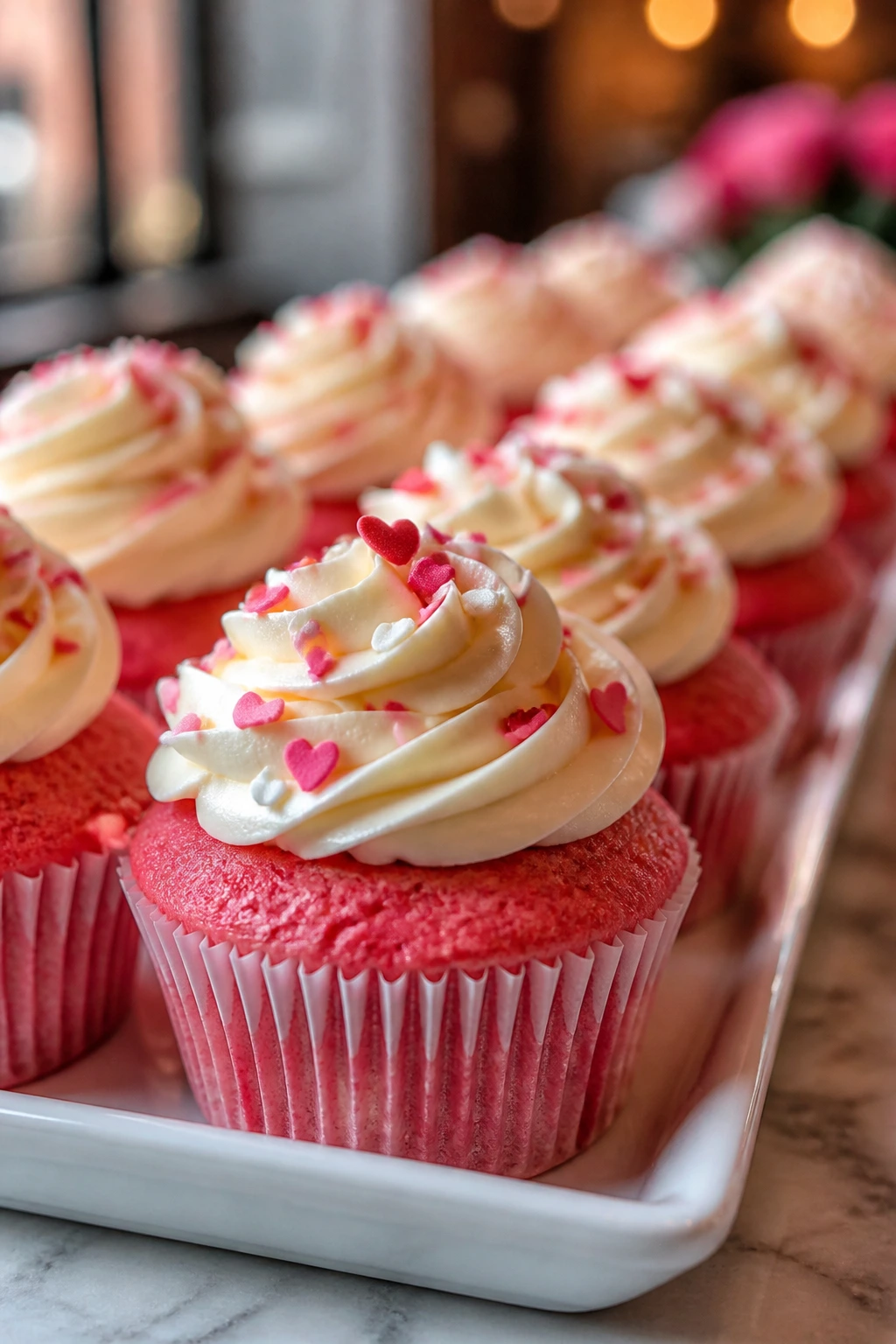 Pink velvet cupcakes with cream cheese frosting on a dessert tray