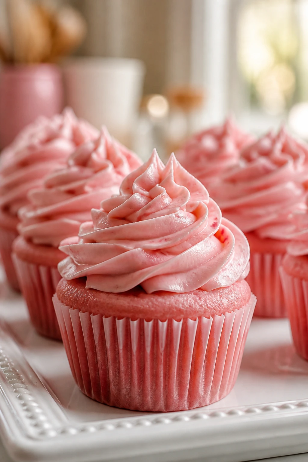 Pink velvet cupcakes with frosting on a plate