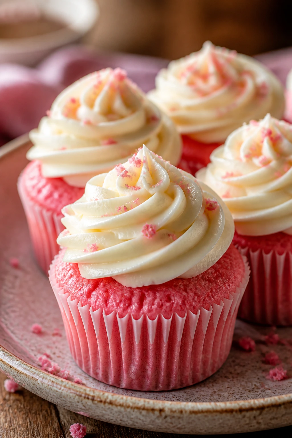 Close-up of pink velvet cupcakes with cream cheese frosting on a rustic plate in a warm kitchen