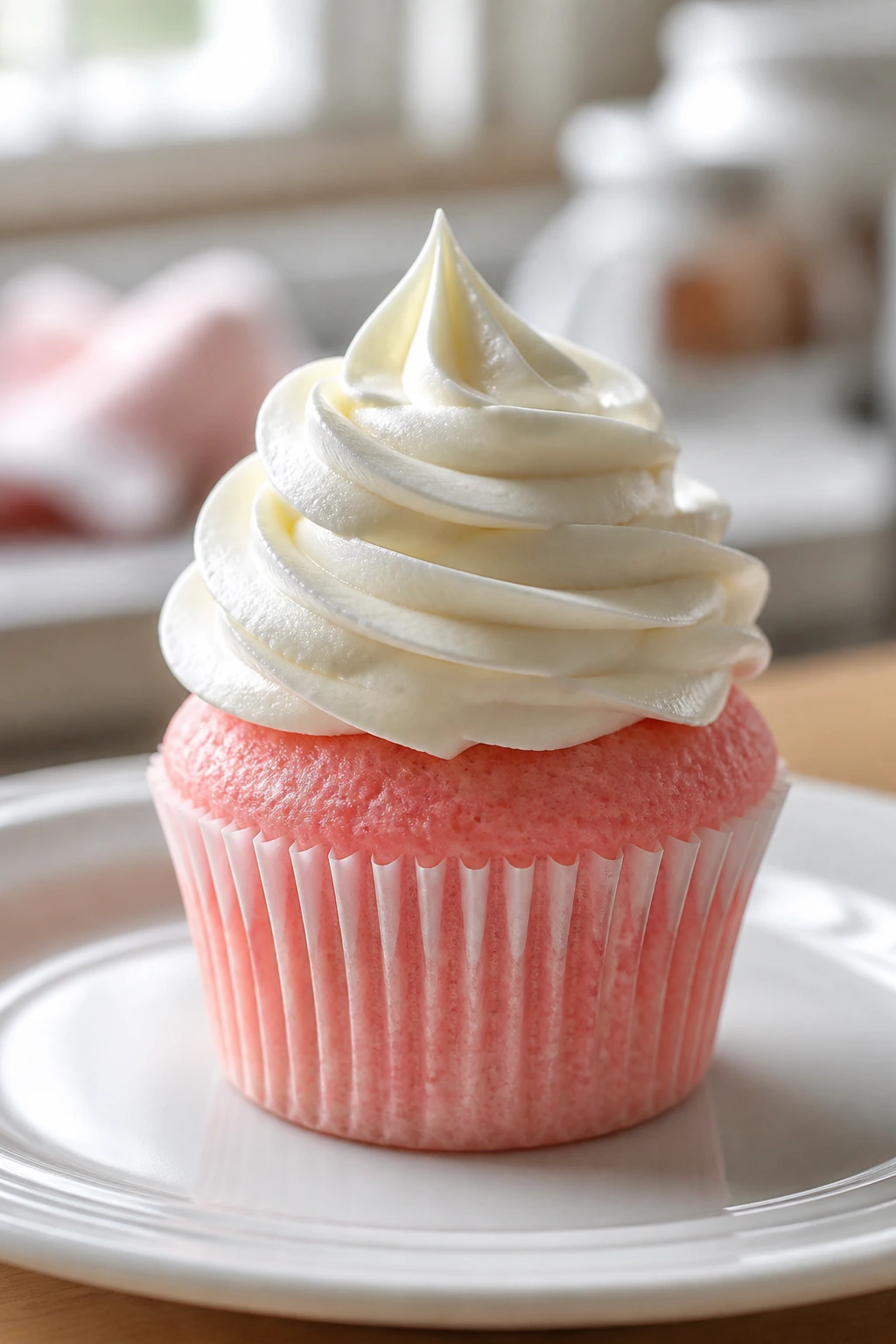 Pink velvet cupcake with cream cheese frosting on plate