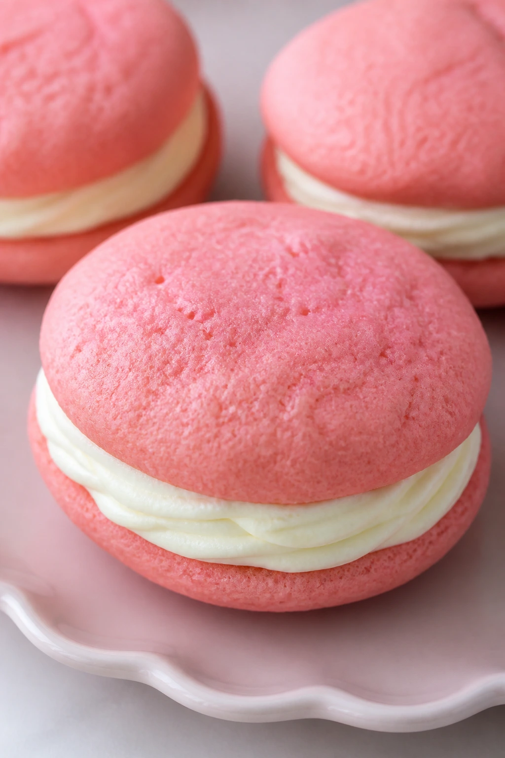 Pink velvet whoopie cookie sandwich with cream filling