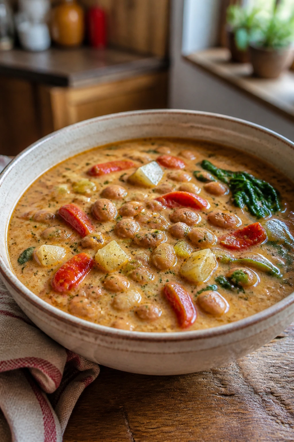 Close-up of Pinto Bean and Roasted Pepper Chowder with beans and peppers in a bowl.