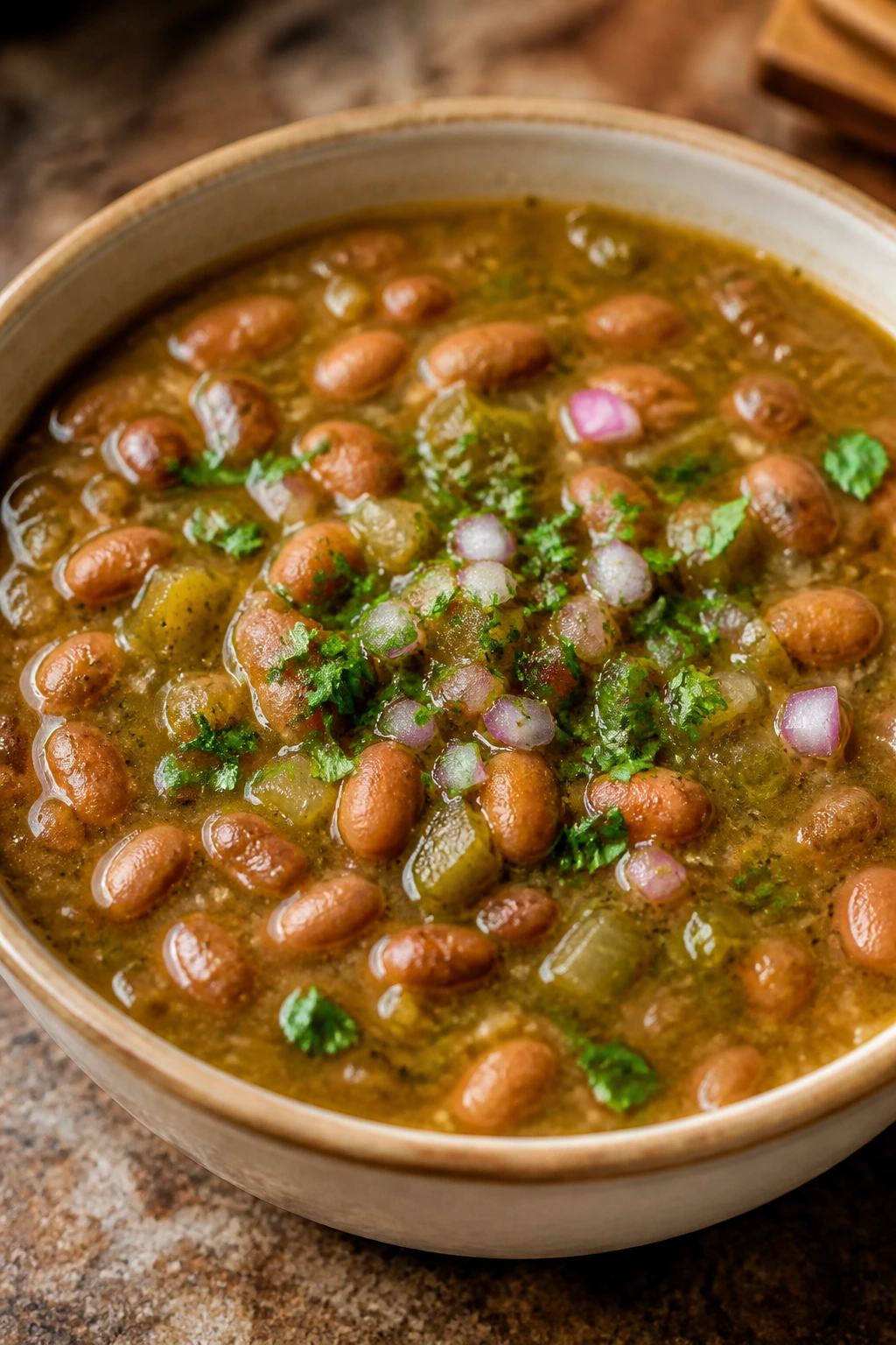 Bowl of pinto bean and green chile soup in a warm kitchen setting