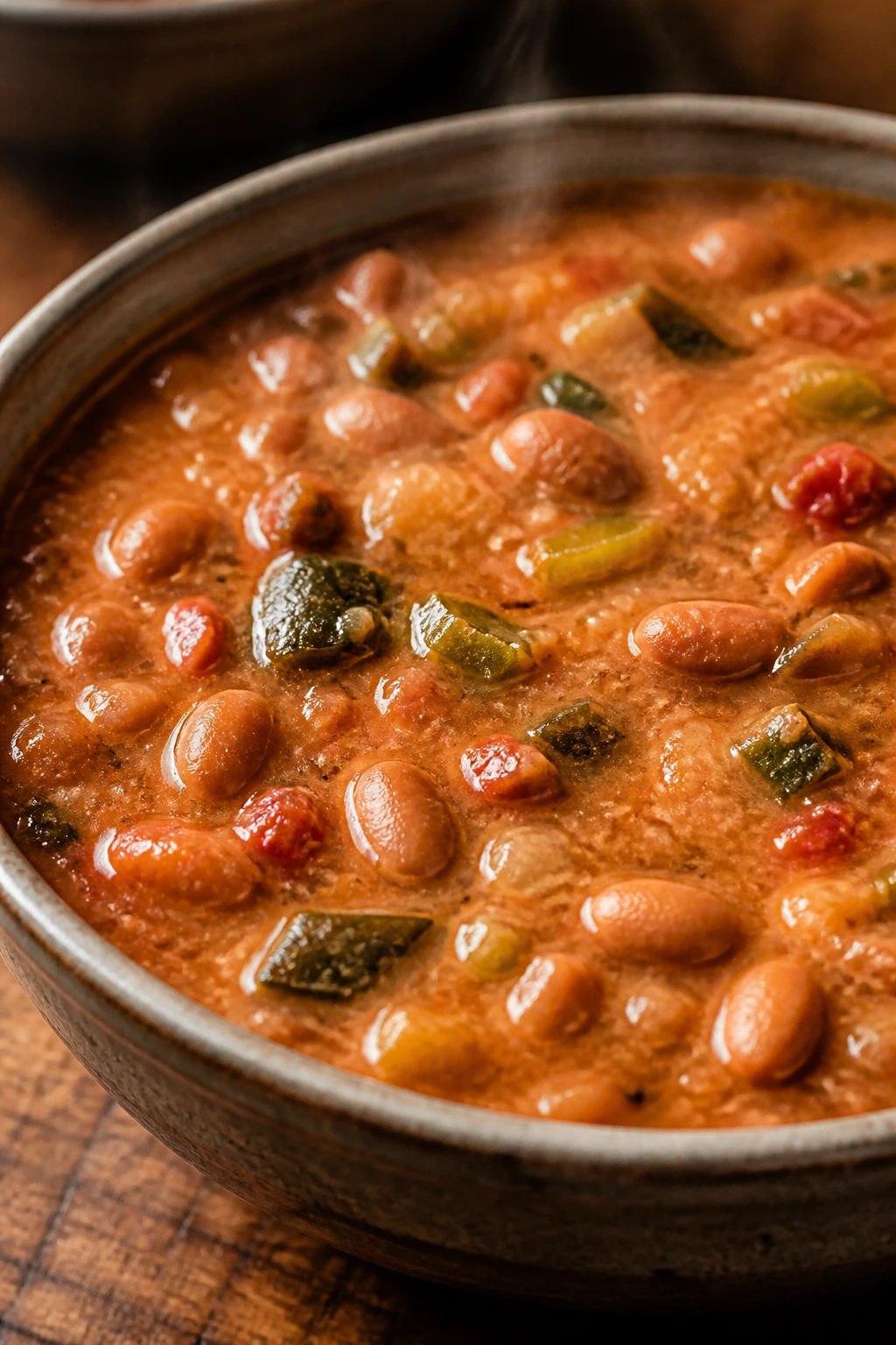 Spicy Pinto Bean Soup with poblano peppers in a rustic bowl