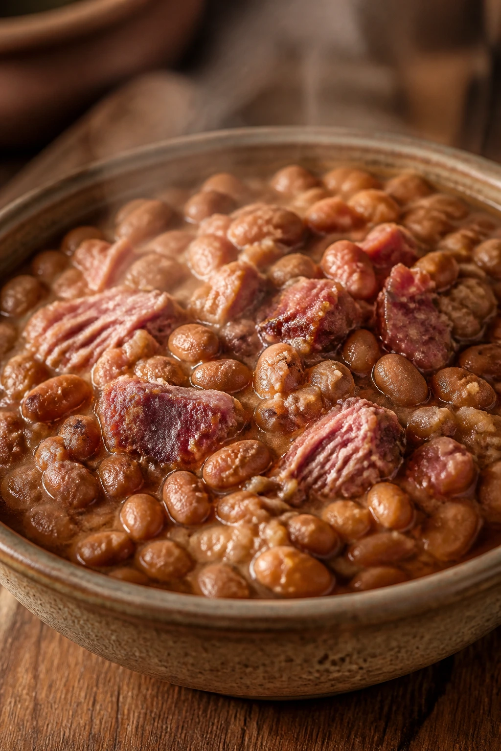 Creamy Pinto Beans with Ham Hock in rustic bowl