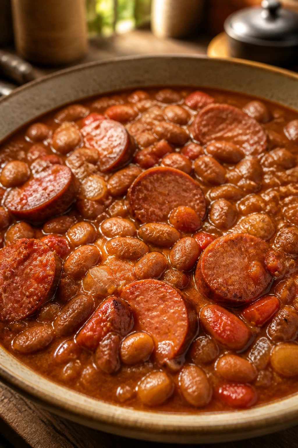 Close-up of Pinto Bean Chili with Smoked Sausage in a rustic bowl, chunky beans and sausage