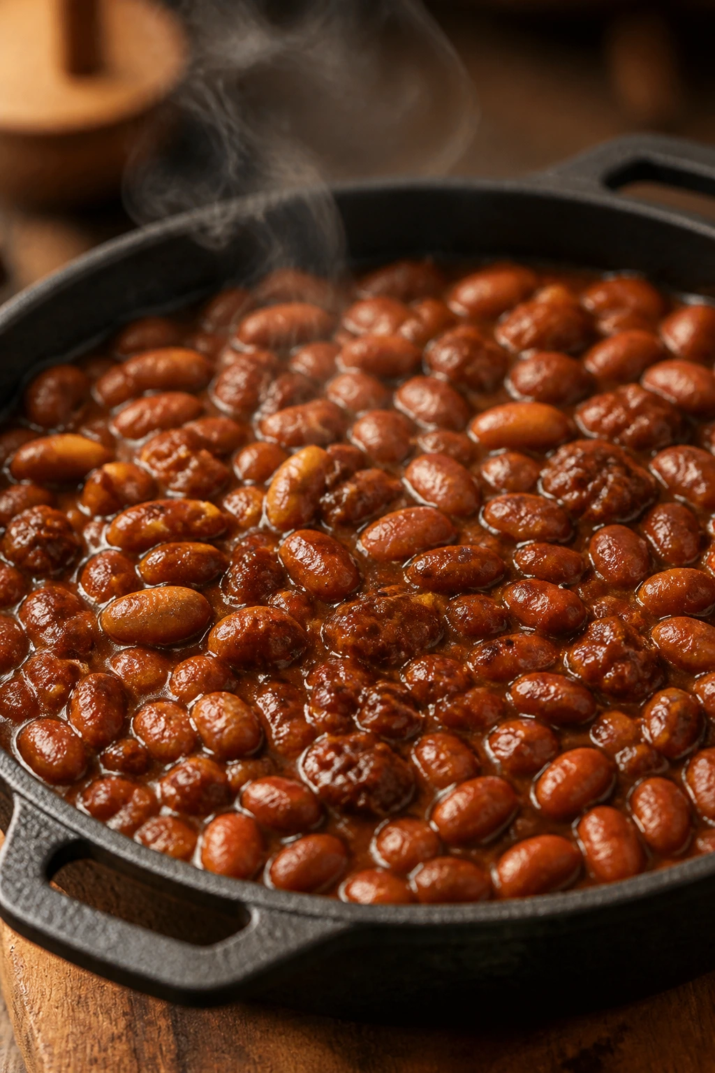 Glossy smoky pinto baked beans in a rustic dish
