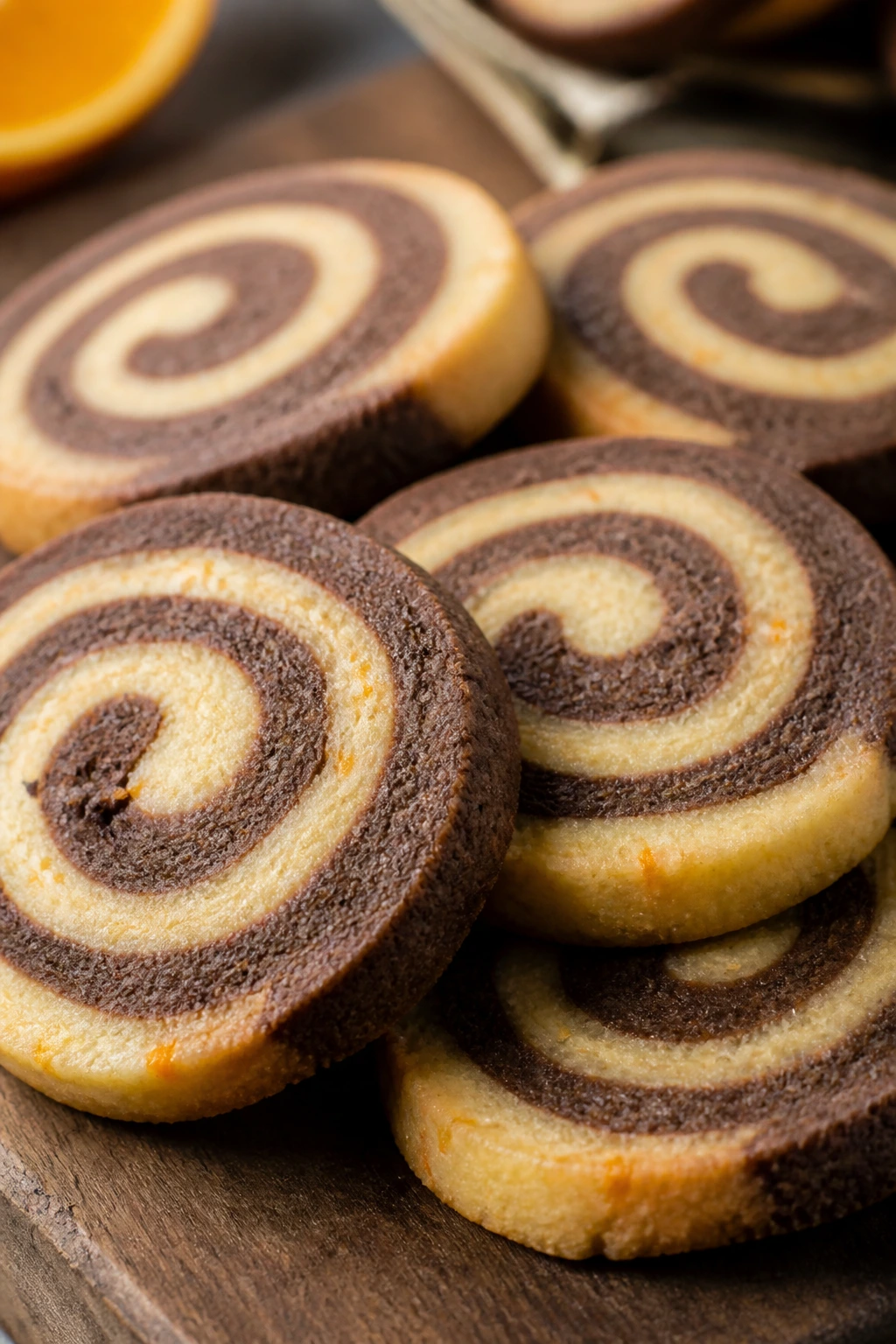 Close-up of Chocolate-Orange Pinwheels swirled cookies