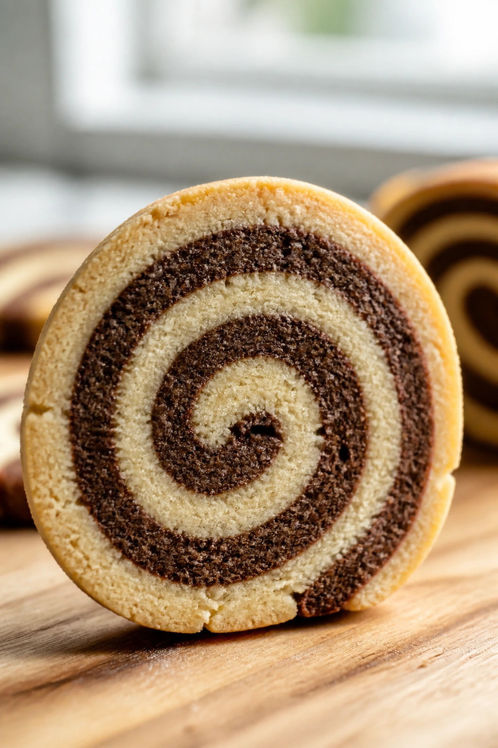 Pinwheel cookie with vanilla and cocoa swirl on a cutting board