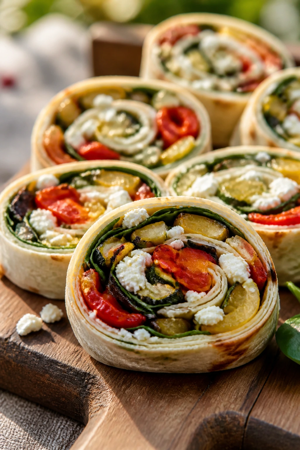 Close-up of vibrant feta veggie pinwheels sliced on a cutting board.