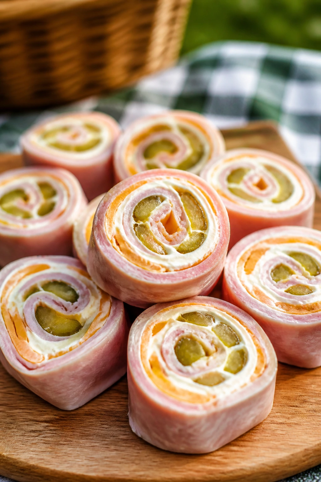 Pinwheels with ham, cheddar and pickles on a wooden board.